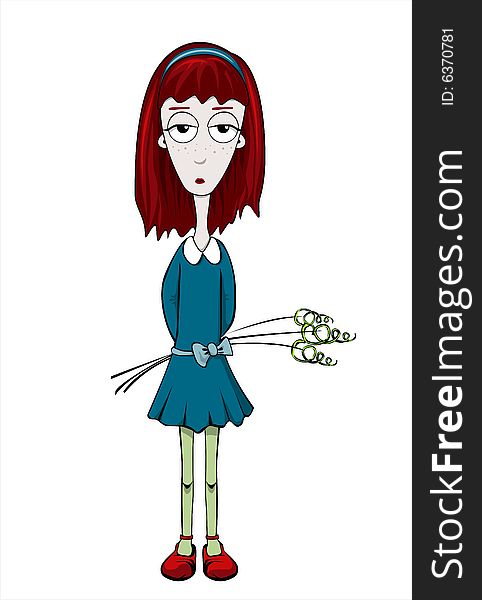 Cartoon girl with dry flowers