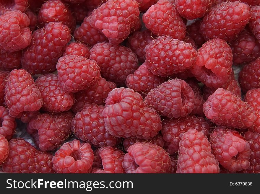 Closeup detail of fresh raspberries freshly picked