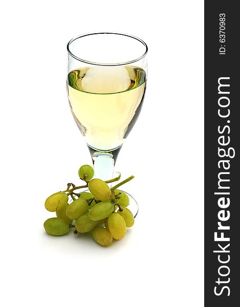 White wine with green grapes on white. White wine with green grapes on white