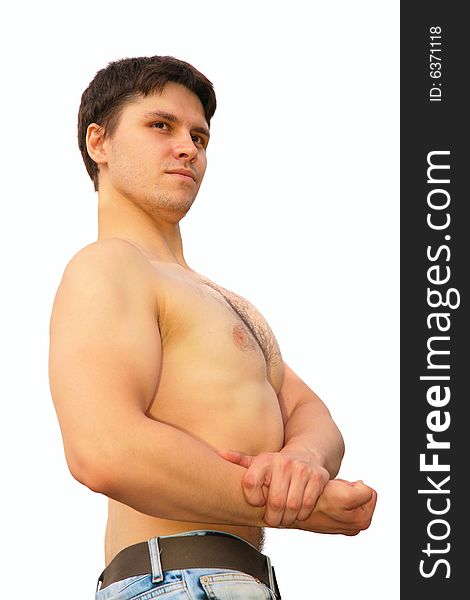 Young bodybuilder profile on white