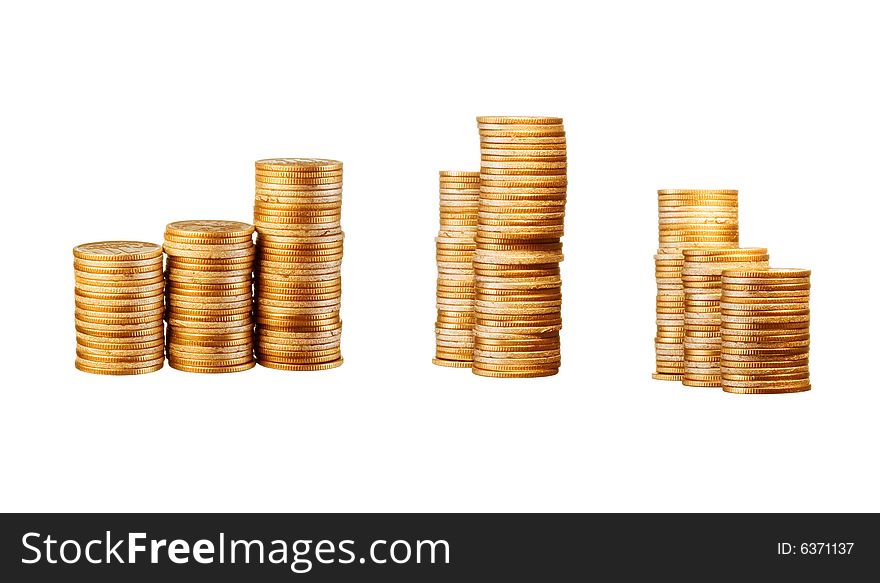 Money, gold coins isolated on white background. Money, gold coins isolated on white background.