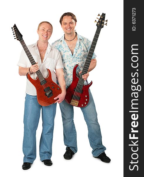 Two young men with guitars on white