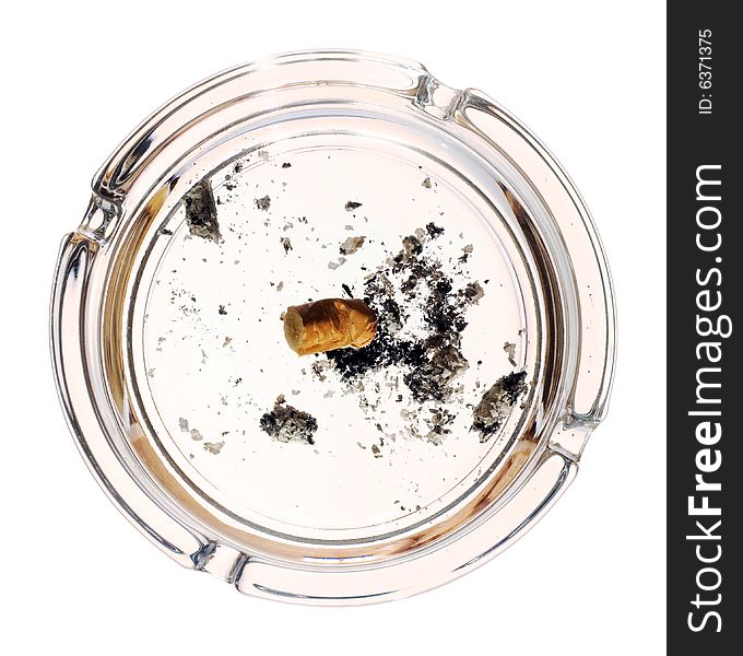 Cigarette in ashtray on white background.