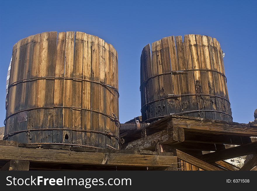 This is a picture of two railroad water towers at Calico, California, a ghost town and San Bernardino County park. This is a picture of two railroad water towers at Calico, California, a ghost town and San Bernardino County park.