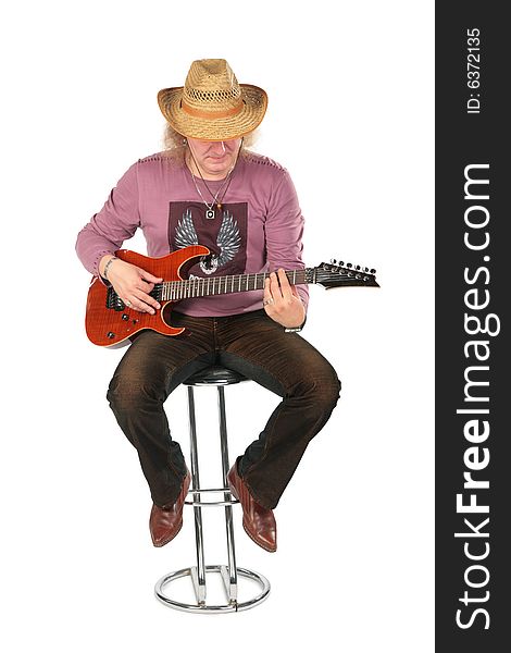 Mature man with guitar. Full body. On white