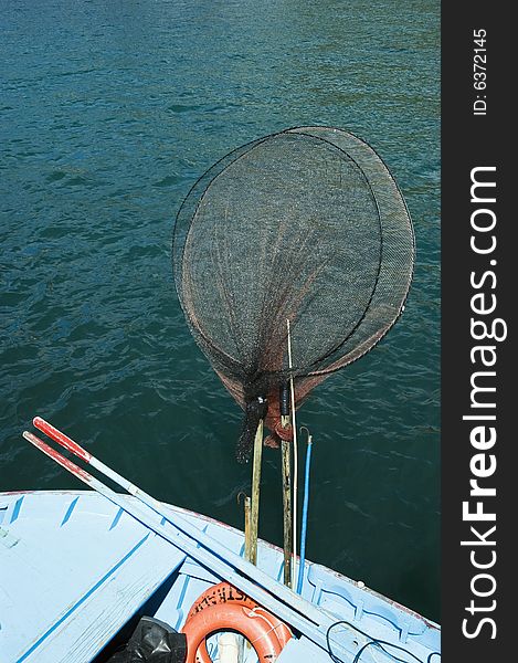 Detail of traditional fishing tackle in a small fishing boat, Azores, Portugal