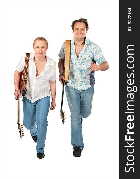 Two running men with guitars on white