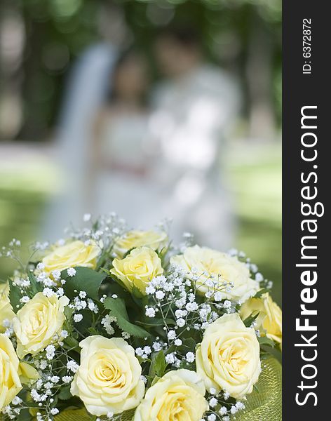 Bunch of white roses and newly-weds on a green background. Bunch of white roses and newly-weds on a green background