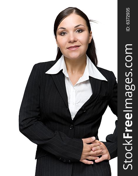 Successful businesswoman standing on white background