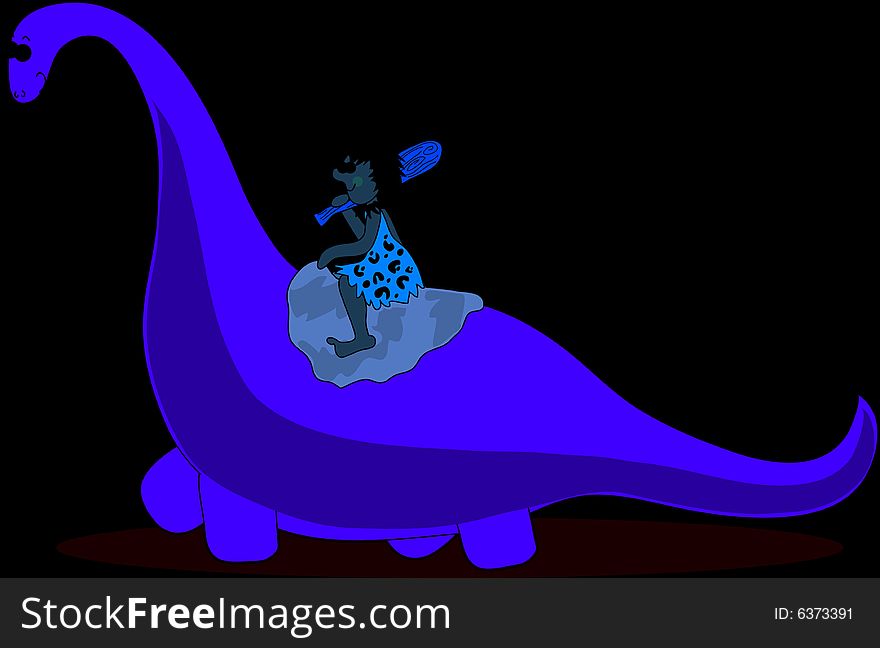 A caveman riding on the back of a green brontosaurus. A caveman riding on the back of a green brontosaurus