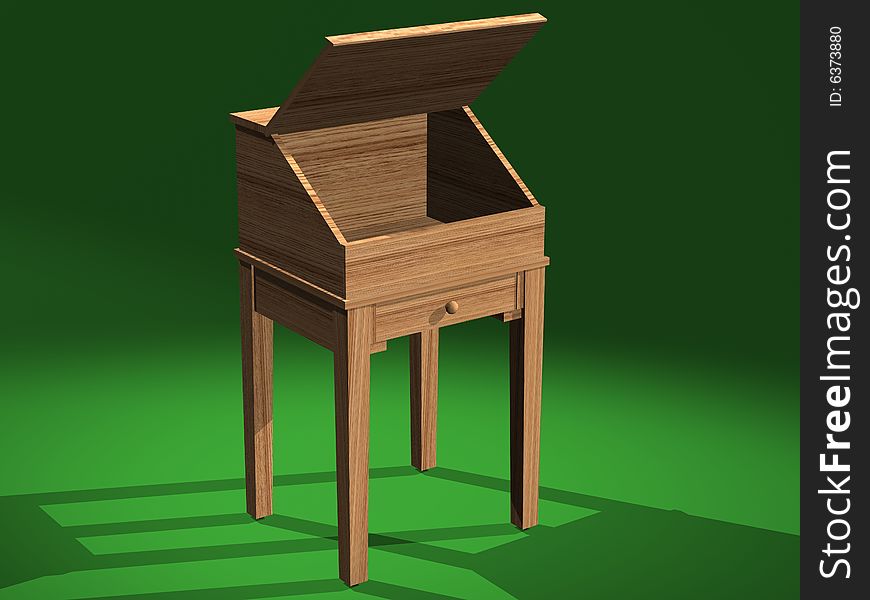 A computer generated image of a 3D model of a shaker desk, created with 3D Studio Max. This is a 3/4 front view with drawer open. A computer generated image of a 3D model of a shaker desk, created with 3D Studio Max. This is a 3/4 front view with drawer open.