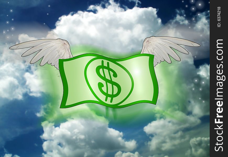 Dollars fly on  blue sky background. Dollars fly on  blue sky background