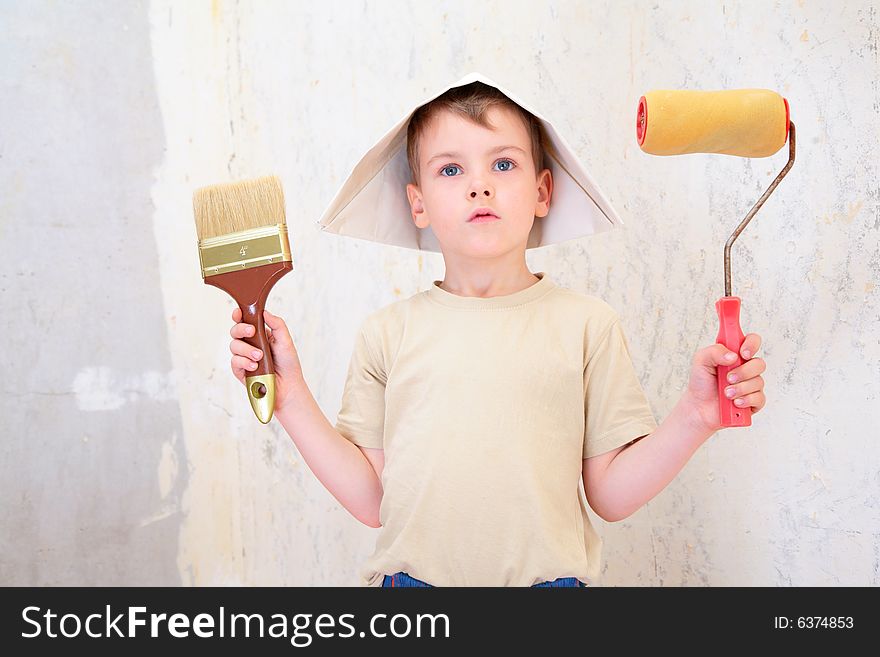 Boy With Brush And Roller In Paper Hat