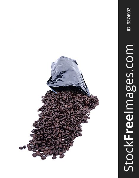 Coffee beans spilled from bag on white background. Coffee beans spilled from bag on white background