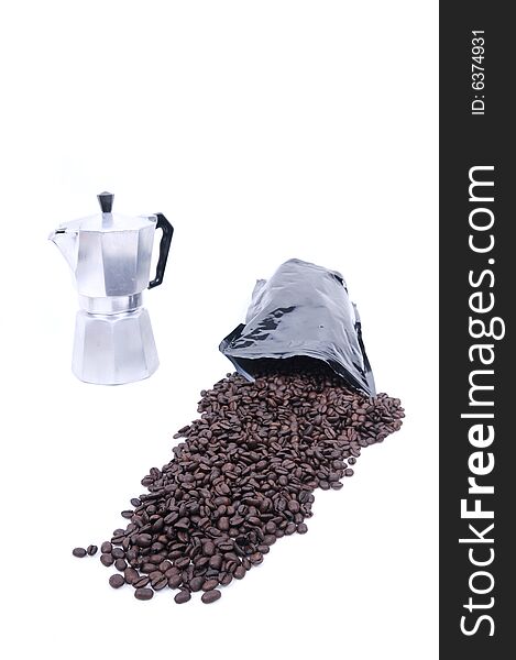 Coffee beans spilled from bag on white background. Coffee beans spilled from bag on white background