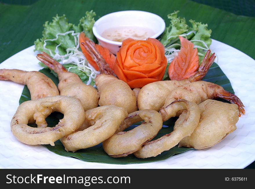 Japanese food tempura shrimp with source