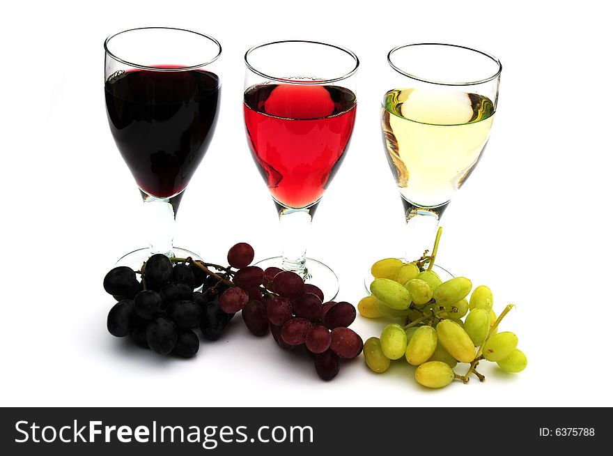 Rose,red and white wine with red,black and white grapes. Rose,red and white wine with red,black and white grapes