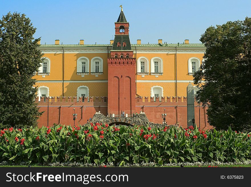 View of one of the Kremlin towers from Manezhnaya Square