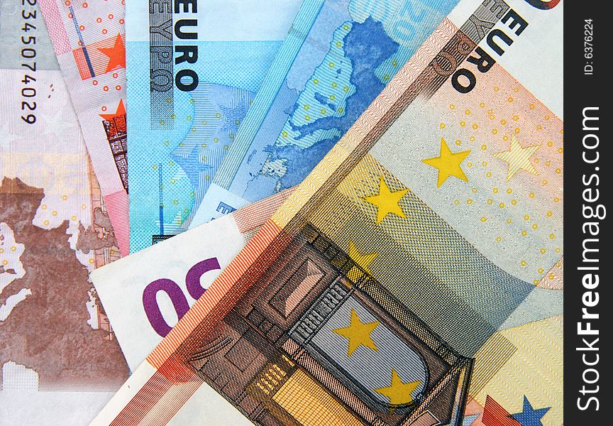 Selection of European Euro currency bank notes. Selection of European Euro currency bank notes