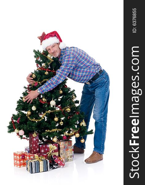 Christmas tree and man with Santa hat on white background. Christmas tree and man with Santa hat on white background