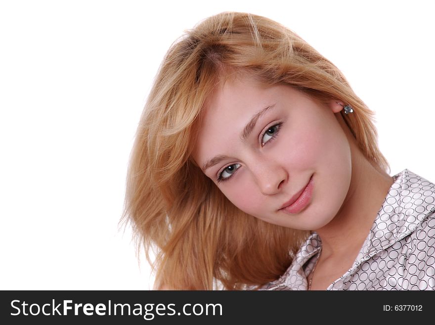 Portrait young blonde girl, it is isolated on white