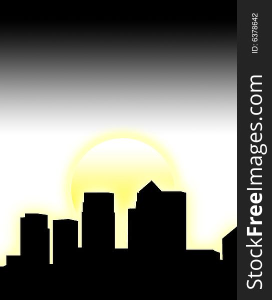 A silhouette of a London skyline with a sun background. A silhouette of a London skyline with a sun background.