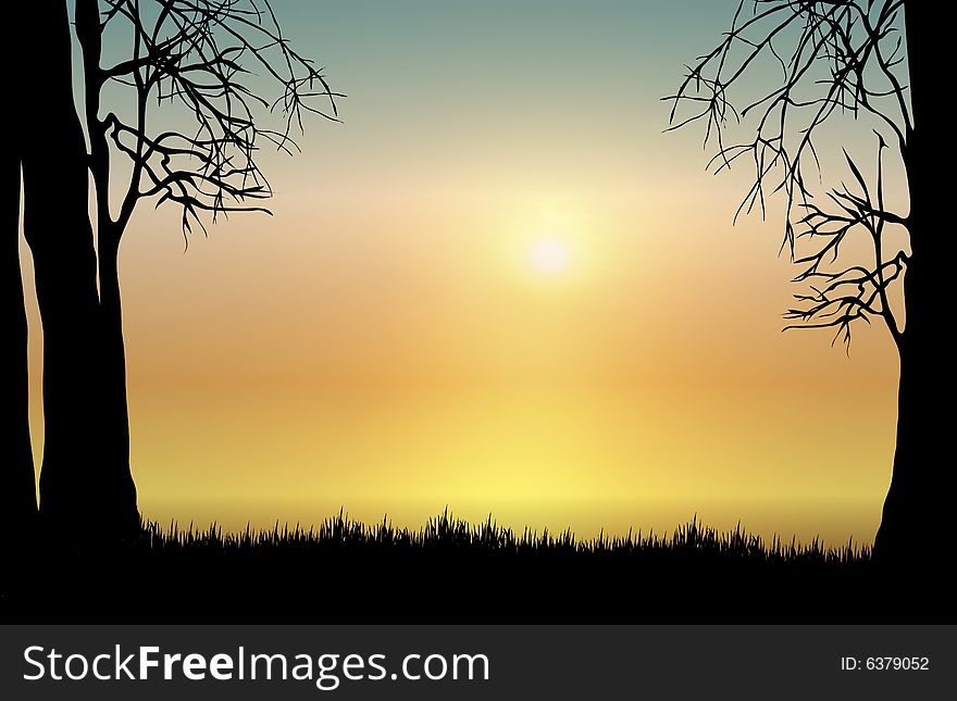 Landscape silhouette of forest with setting sun. Landscape silhouette of forest with setting sun