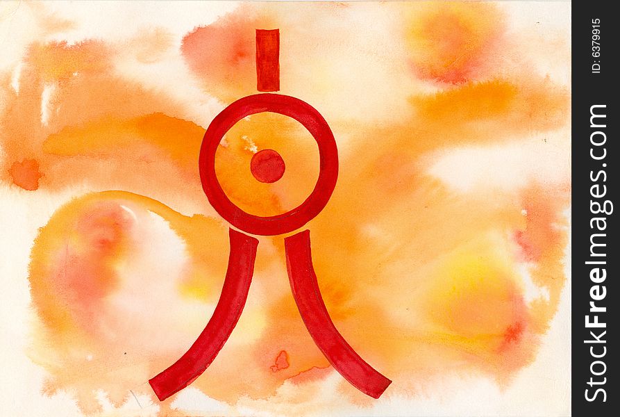 Watercolour hand drawn composition with red rune on orange. Watercolour hand drawn composition with red rune on orange
