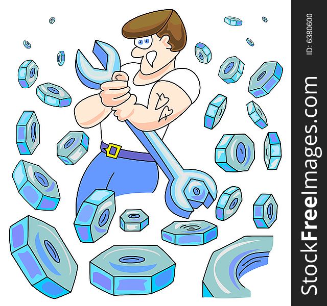 Illustration of worker circled with lots of bolts. Illustration of worker circled with lots of bolts