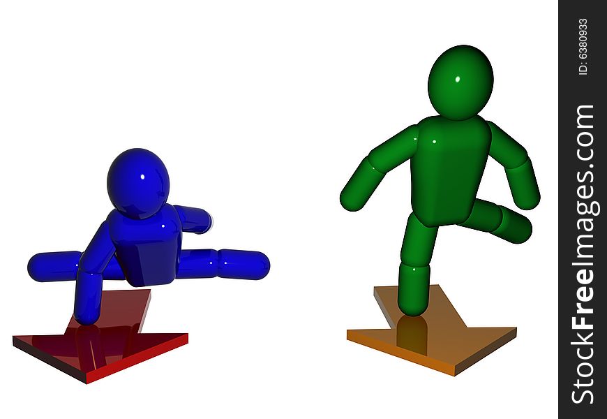 3d persons staying on the pointers. 3d render.