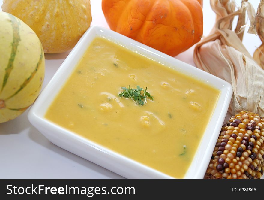 A meal of a soup of fresh pumpkins