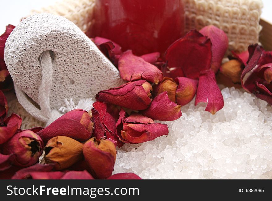 Some salt for taking a bath and roses. Some salt for taking a bath and roses