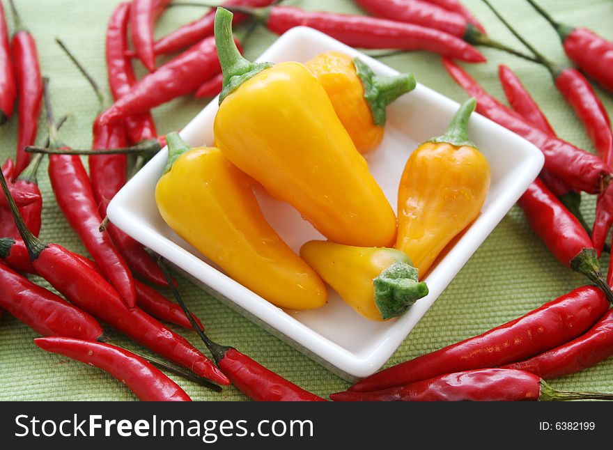 Some fresh yellow paprikas and red chillis. Some fresh yellow paprikas and red chillis