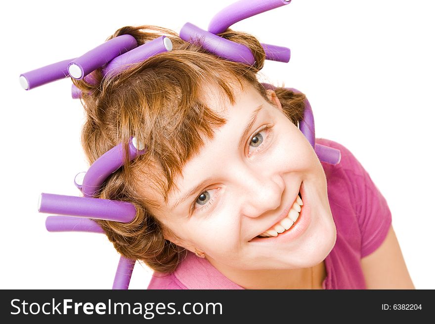 Young Pretty Girl With Hair Curlers