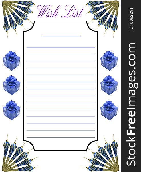 A wish list decorated with blue christmas presents. A wish list decorated with blue christmas presents