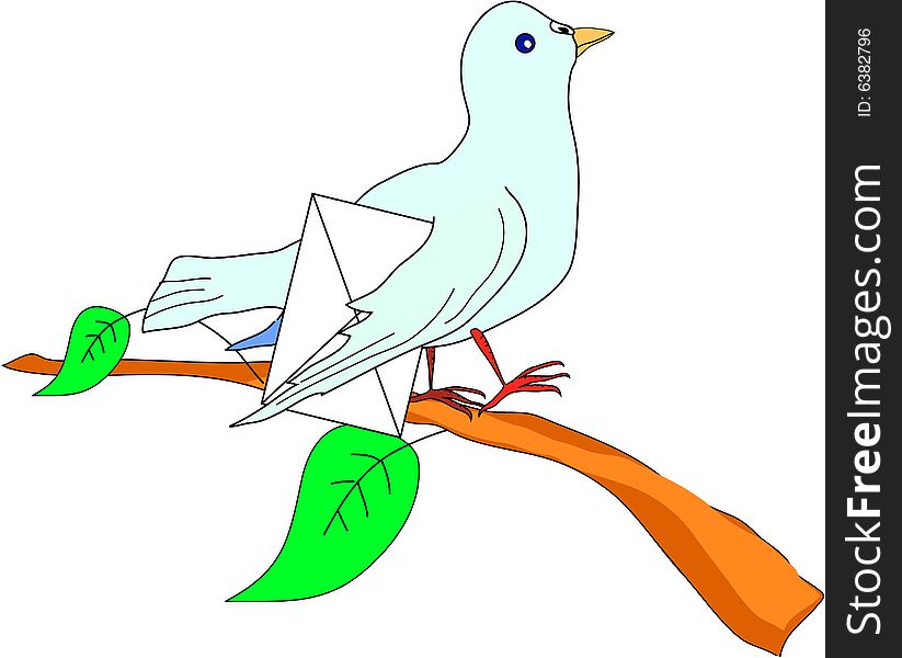 Pigeon with the letter on the branch with leaves. Pigeon with the letter on the branch with leaves