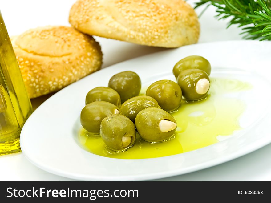 Snack With Fresh Olives,oil And Sesame Bun