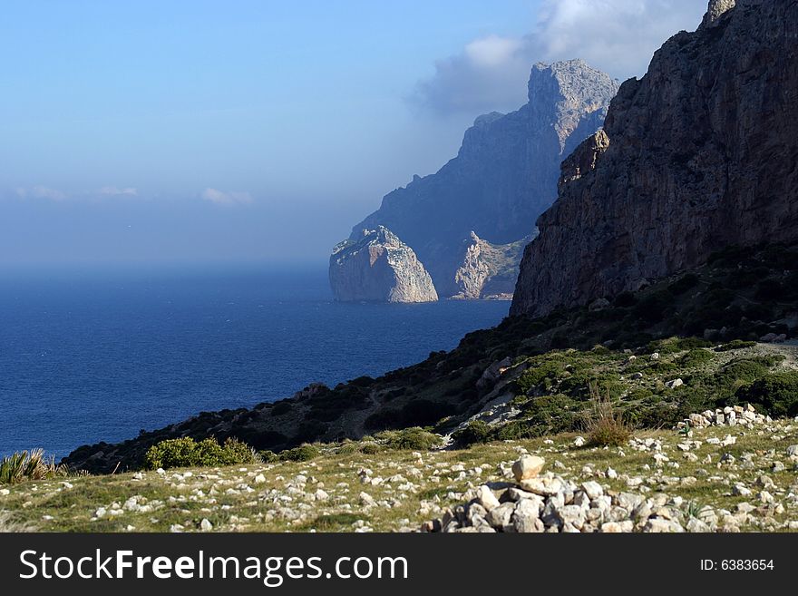 Coastline with cliffs and mountains in a north of Majorca in Spain