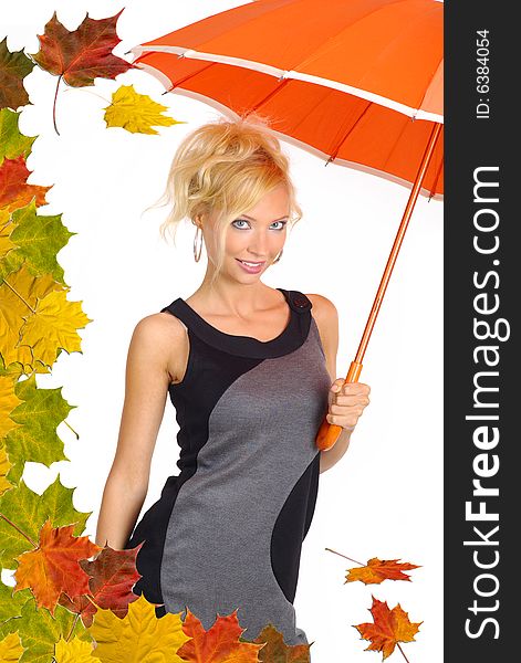 Beautiful woman with orange umbrella on white background