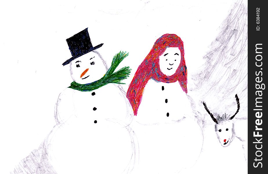 snowman and snow lady with a reindeer and trees in the background. snowman and snow lady with a reindeer and trees in the background