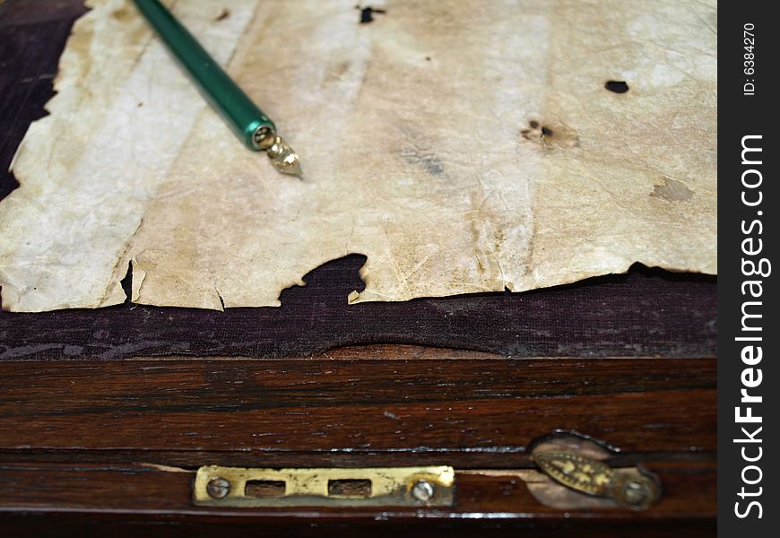 An old calligraphy set in a French polished Victorian writing slope close up. An old calligraphy set in a French polished Victorian writing slope close up.