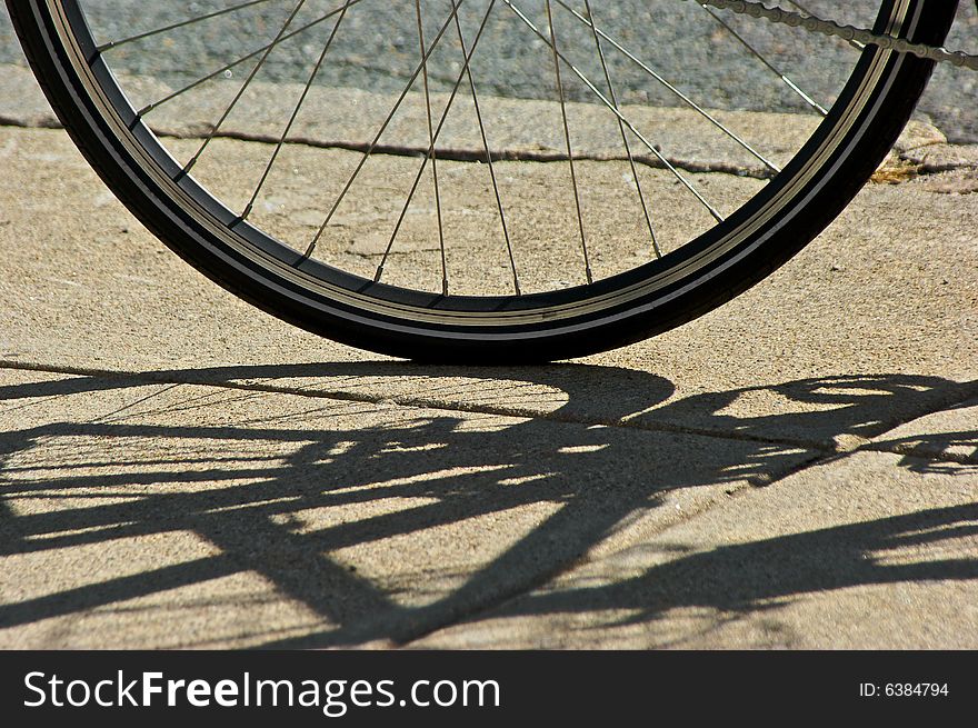 Bicycle tire on sidewalk with afternoon shadows