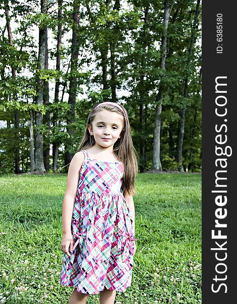 Beautiful young girl dressed in a plaid sundress in an outdoor setting. Beautiful young girl dressed in a plaid sundress in an outdoor setting.