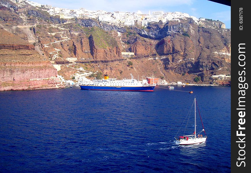 Cruise ship in santorini island. Cruise ship in santorini island
