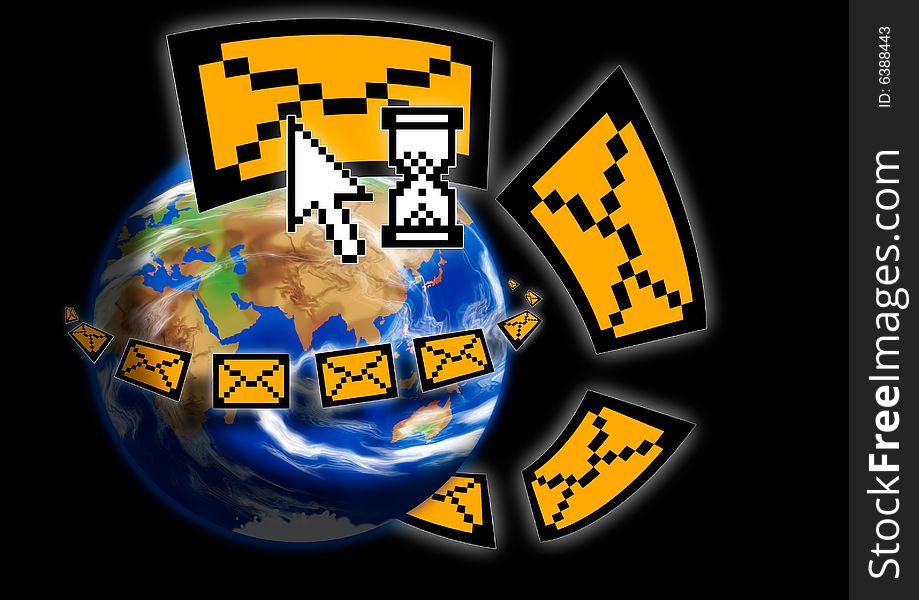 An illustration of flying global email. An illustration of flying global email