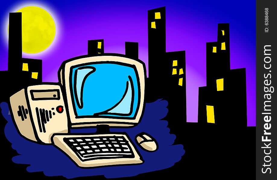 Computer over city scape. Full moon