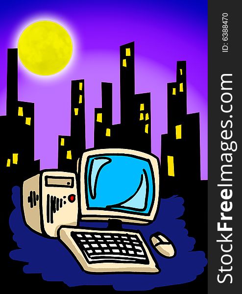 Computer over city scape with fulll moon