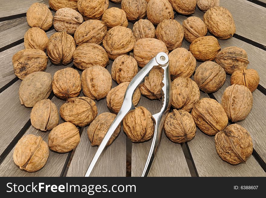 Several nuts on wood table