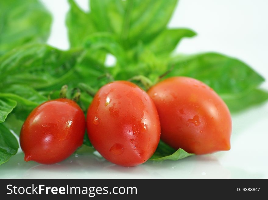 Basil and Tomatoes in white isolation. Basil and Tomatoes in white isolation