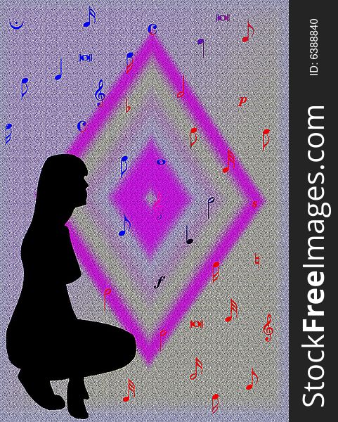 A beautiful silhouette of woman with music notes - card. A beautiful silhouette of woman with music notes - card